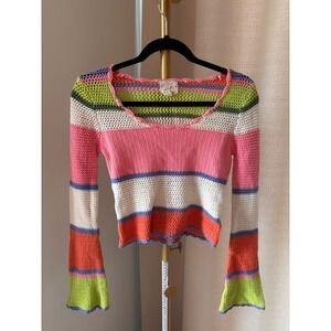 Hippie Rose Womens Multicolor Striped Crochet Knit Bell Sleeve Crop Top Size M